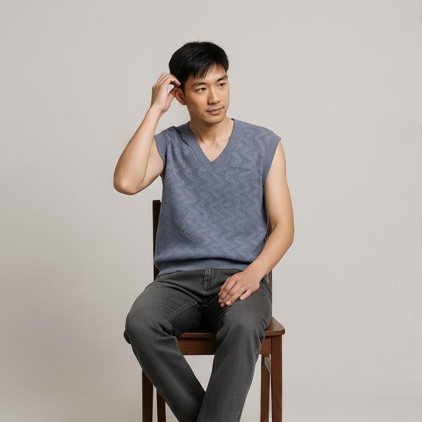 Solid Grey V-Neck Half Sleeve Vertical V Checkered Pattern Cotton Wool Sweater for Men - View 2 of 8 - Premium wool sweater