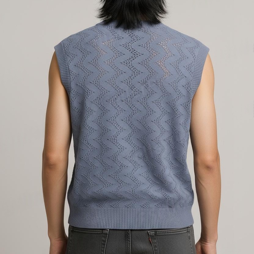 Solid Grey V-Neck Half Sleeve Vertical V Checkered Pattern Cotton Wool Sweater for Men - View 4 of 8 - Premium wool sweater