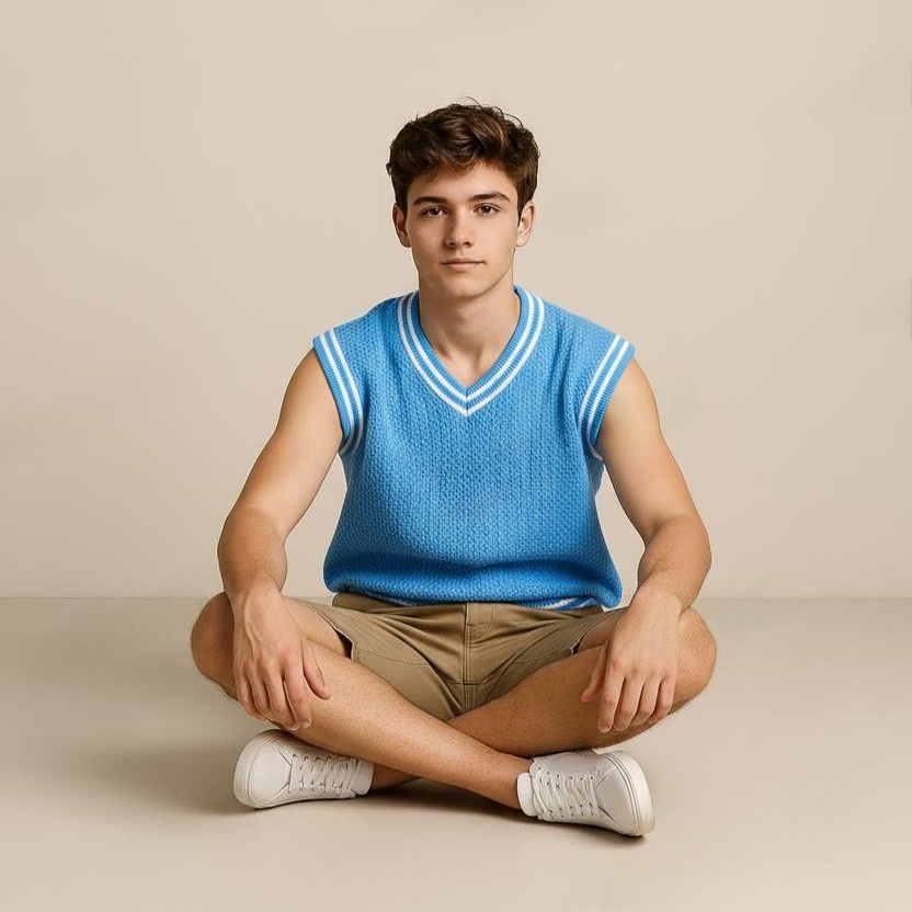 Solid Light Blue V-Neck White Ripped Half Sleeve Checkered Sweater for Men - View 2 of 7 - Premium wool sweater