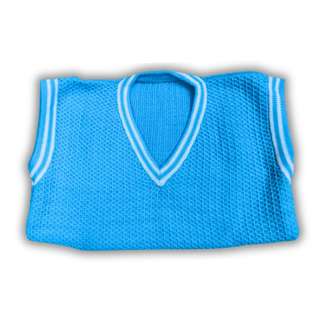 Solid Light Blue V-Neck White Ripped Half Sleeve Checkered Sweater for Men - View 6 of 7 - Premium wool sweater