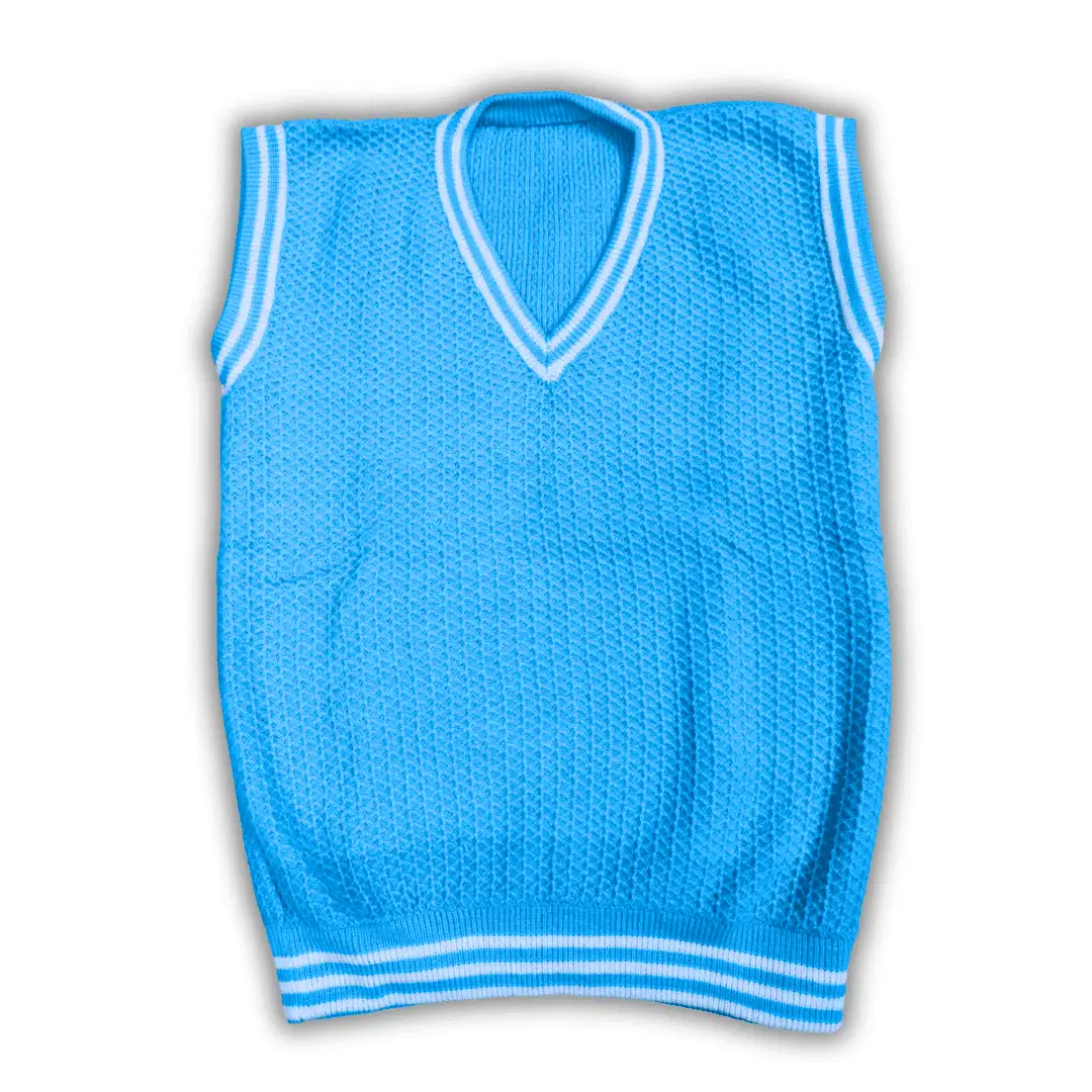 Solid Light Blue V-Neck White Ripped Half Sleeve Checkered Sweater for Men - View 5 of 7 - Premium wool sweater