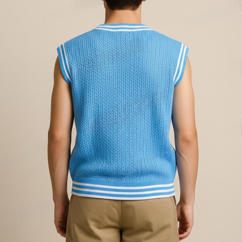 Solid Light Blue V-Neck White Ripped Half Sleeve Checkered Sweater for Men - View 3 of 7 - Premium wool sweater