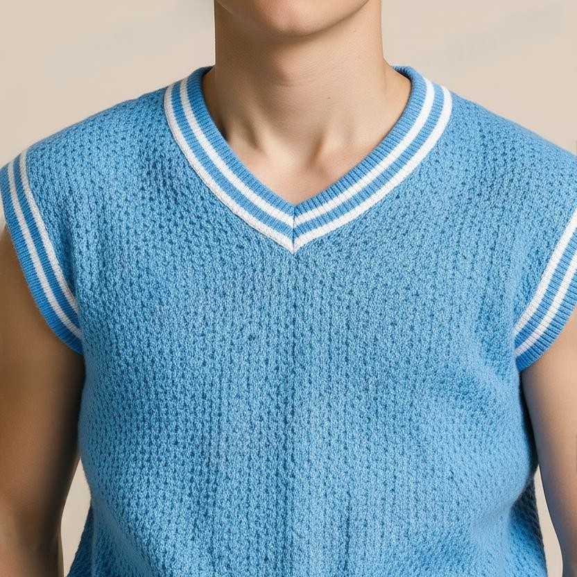 Solid Light Blue V-Neck White Ripped Half Sleeve Checkered Sweater for Men - View 4 of 7 - Premium wool sweater