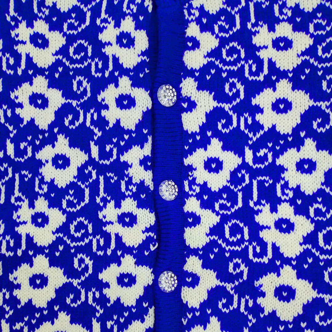 Royal Blue and White Flowers Printed Cardigan for Girls - View 6 of 7 - Premium wool sweater