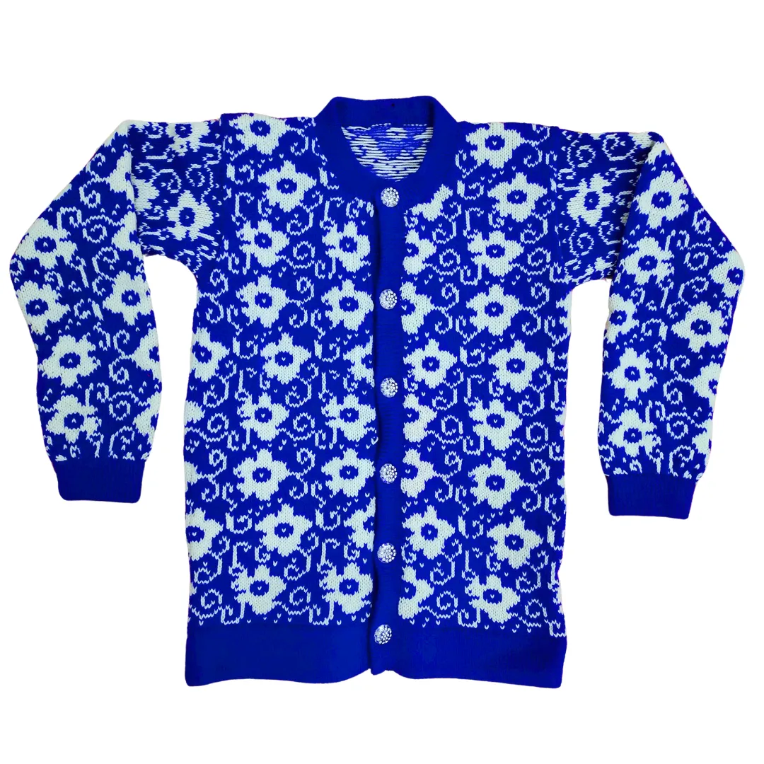 Royal Blue and White Flowers Printed Cardigan for Girls - View 7 of 7 - Premium wool sweater