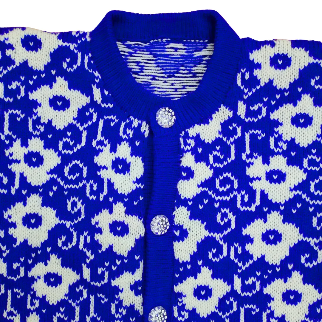 Royal Blue and White Flowers Printed Cardigan for Girls - View 4 of 7 - Premium wool sweater