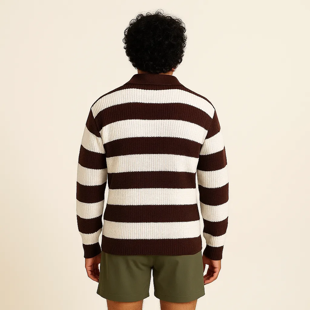 Dark Brown and White Stripe Spread Collar Sweater - View 3 of 8 - Premium wool sweater