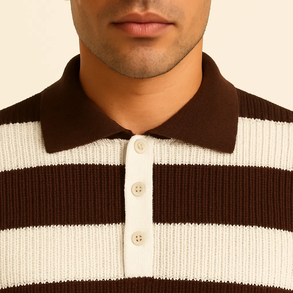 Dark Brown and White Stripe Spread Collar Sweater - View 5 of 8 - Premium wool sweater
