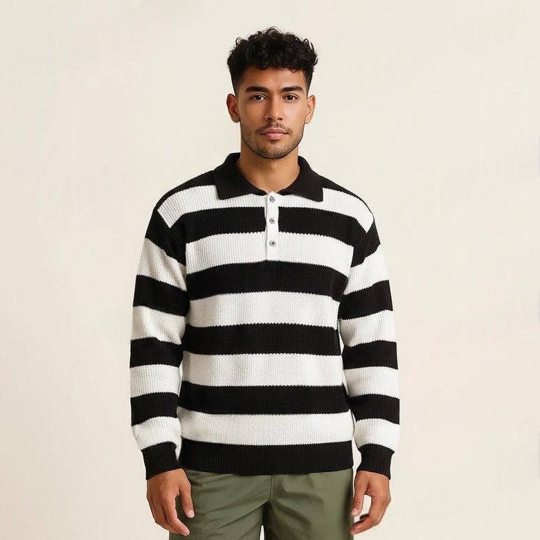Black and White Stripe Spread Collar Sweater - Premium wool sweater from Sonai Knitcraft. Buy winter sweaters online.