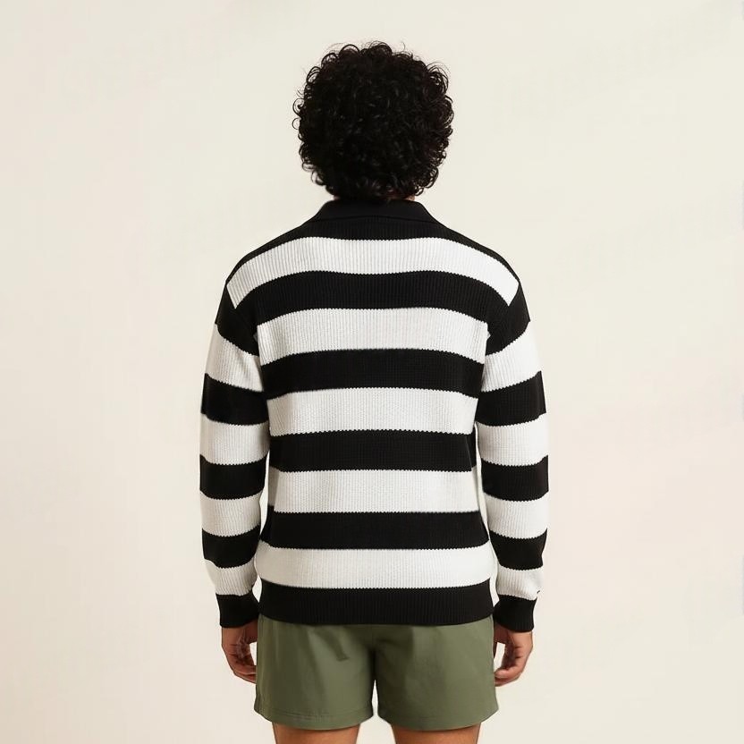 Black and White Stripe Spread Collar Sweater - View 2 of 4 - Premium wool sweater