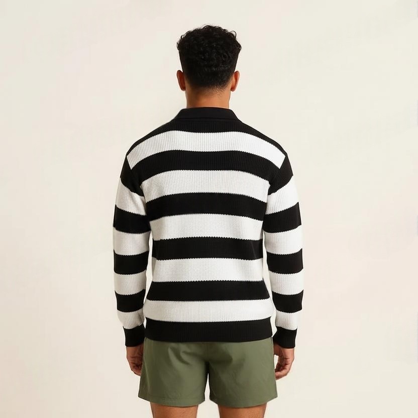 Black and White Stripe Spread Collar Sweater - View 4 of 4 - Premium wool sweater