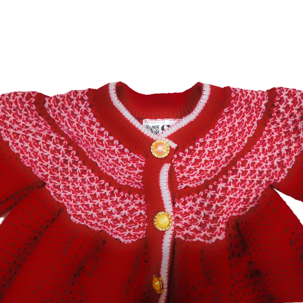 Red Baby Winter Set: Woolen Frock, Lower, Cap & Socks by Sonai Knitcraft (0-24 Months) - View 2 of 4 - Premium wool sweater