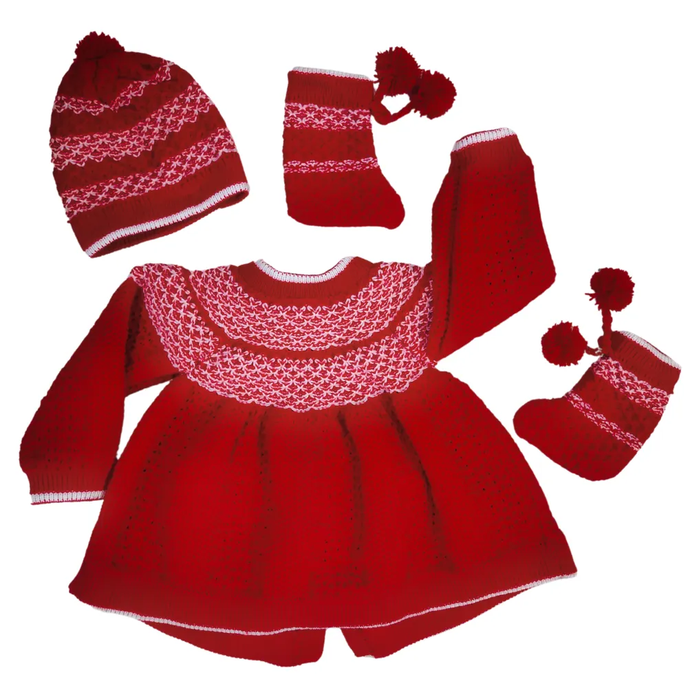 Red Baby Winter Set: Woolen Frock, Lower, Cap & Socks by Sonai Knitcraft (0-24 Months) - View 3 of 4 - Premium wool sweater