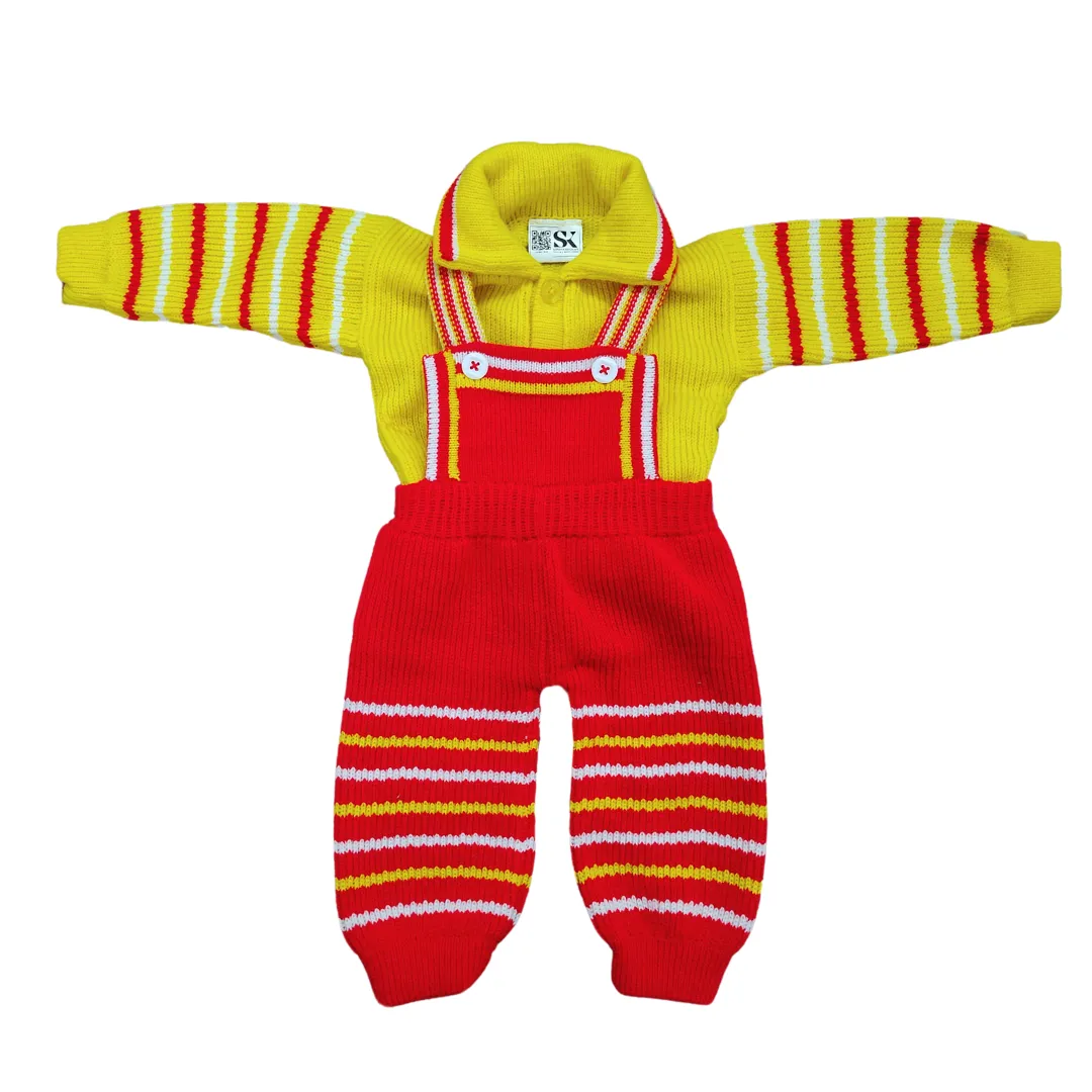 Unisex Toddler Woolen Dungaree Set | Warm Yellow & Red Knitted Winter Wear - View 2 of 6 - Premium wool sweater