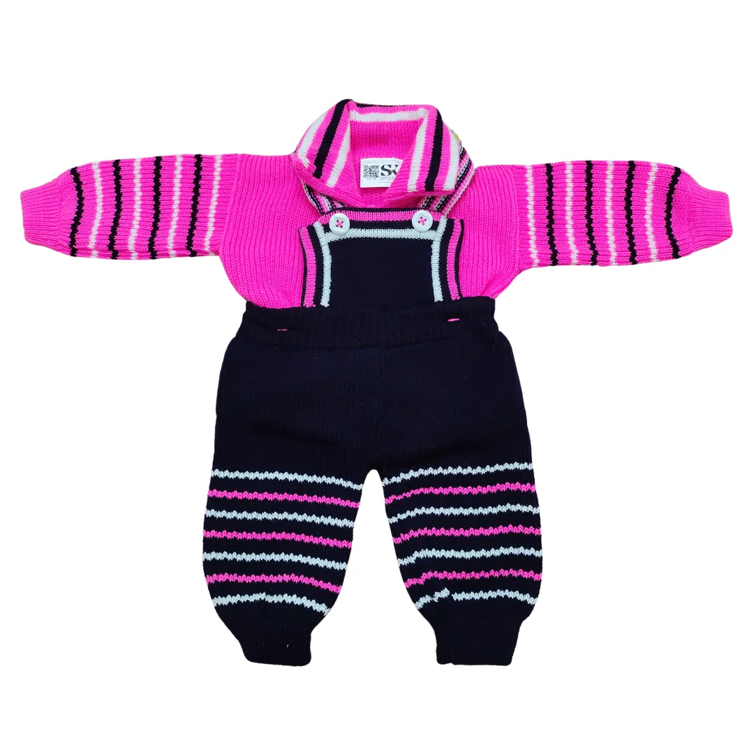 Trendy Pink & Black Woolen Dungaree Set for Babies | Premium Knit Winter Outfit (0-2 Years) - View 2 of 7 - Premium wool sweater