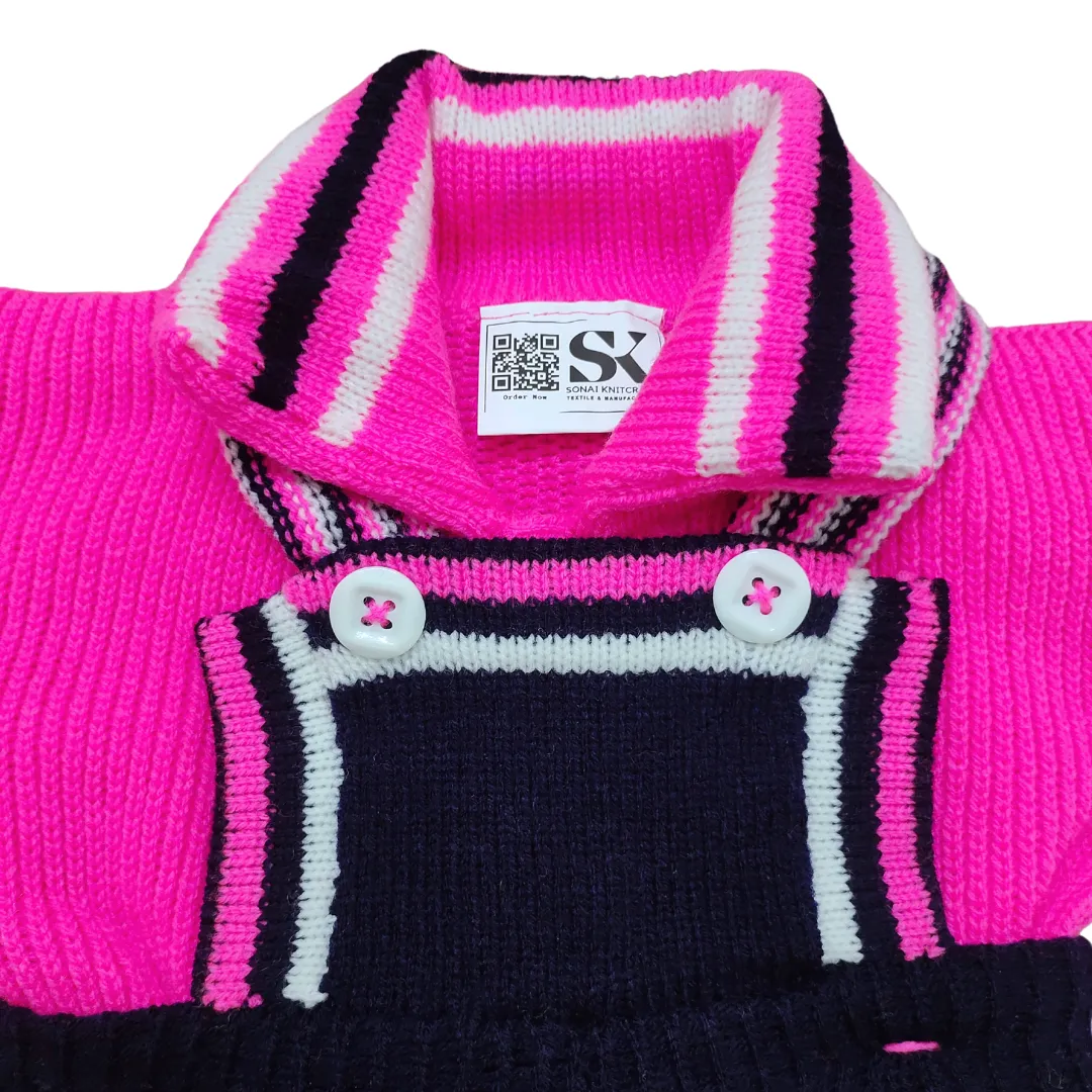 Trendy Pink & Black Woolen Dungaree Set for Babies | Premium Knit Winter Outfit (0-2 Years) - View 4 of 7 - Premium wool sweater