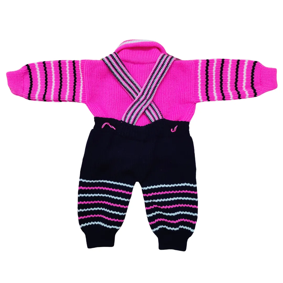 Trendy Pink & Black Woolen Dungaree Set for Babies | Premium Knit Winter Outfit (0-2 Years) - View 7 of 7 - Premium wool sweater