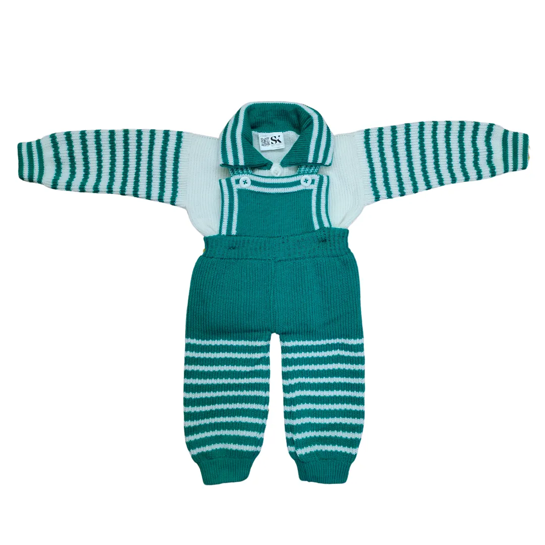 Unisex Toddler Woolen Dungaree Set | Stylish Green & White Knitted Winter Wear - View 2 of 8 - Premium wool sweater