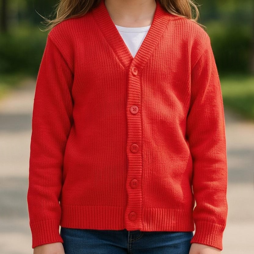 Solid Bright Red Buttoned School Uniform Sweater for Girls 2026 - View 3 of 8 - Premium wool sweater