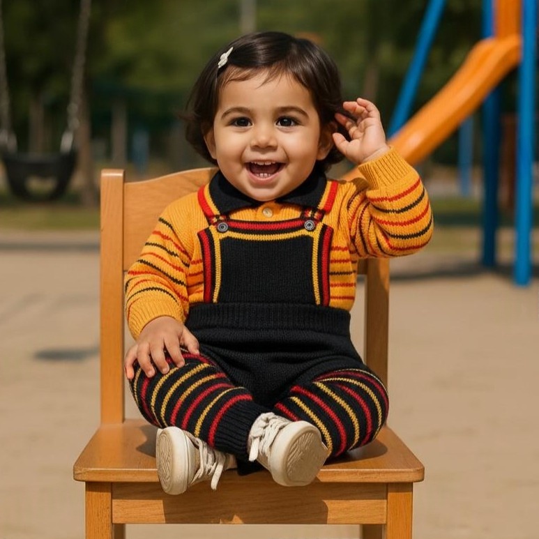 Baby Boys & Girls Woolen Dungaree Set - Warm Winter Top & Bottom Full Suit in Yellow, Black, Red - View 5 of 6 - Premium wool sweater