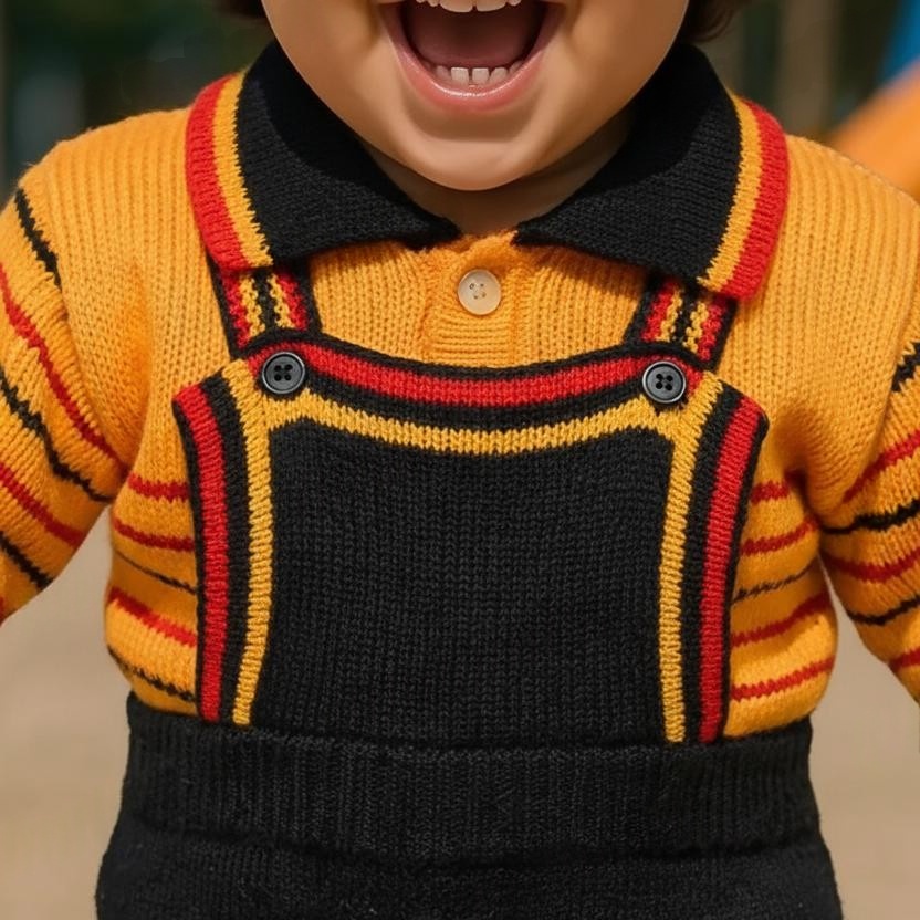 Baby Boys & Girls Woolen Dungaree Set - Warm Winter Top & Bottom Full Suit in Yellow, Black, Red - View 2 of 6 - Premium wool sweater
