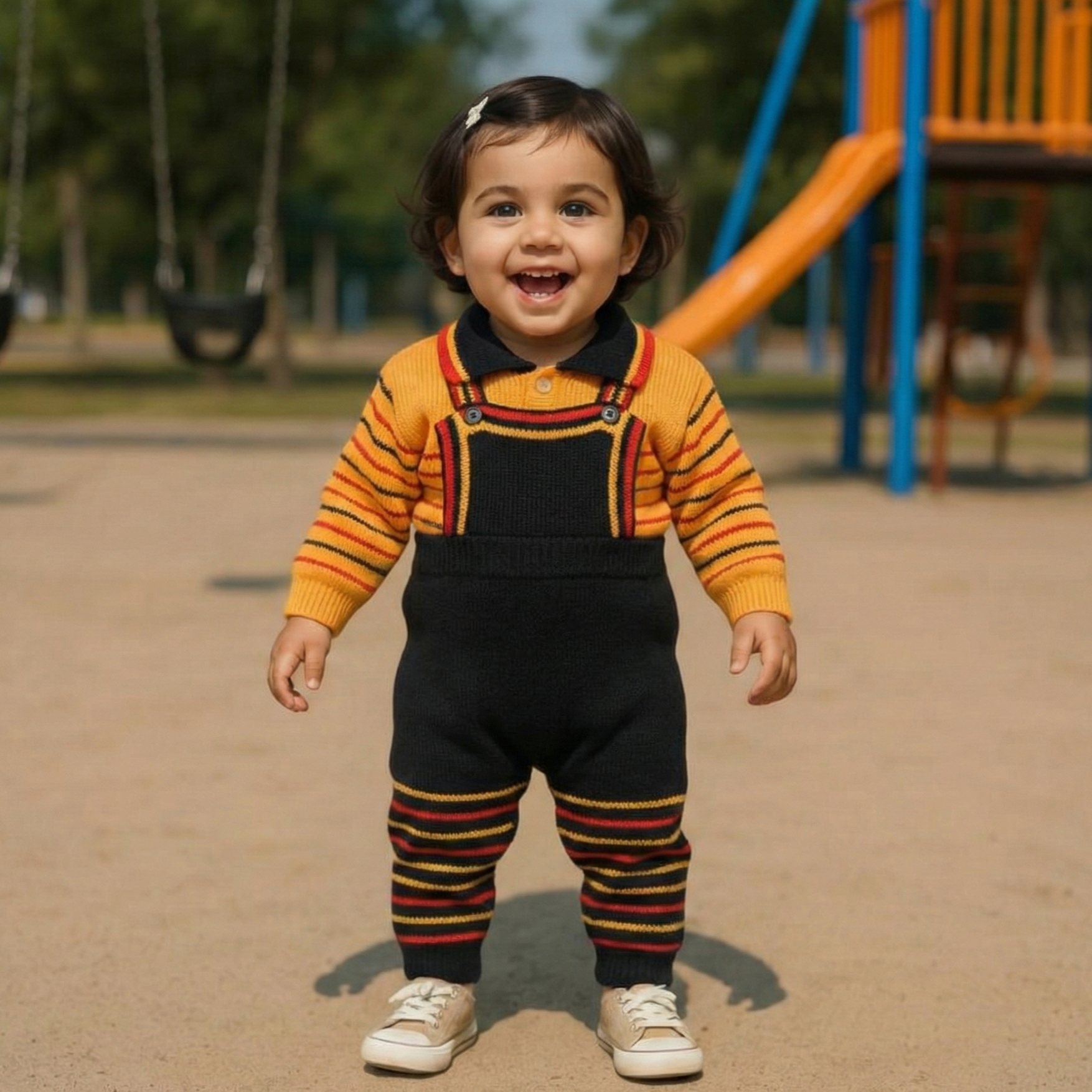 Baby Boys & Girls Woolen Dungaree Set - Warm Winter Top & Bottom Full Suit in Yellow, Black, Red - View 4 of 6 - Premium wool sweater