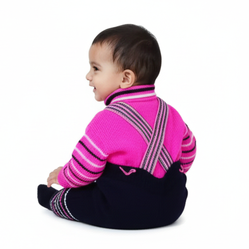 Trendy Pink & Black Woolen Dungaree Set for Babies | Premium Knit Winter Outfit (0-2 Years) - View 3 of 7 - Premium wool sweater