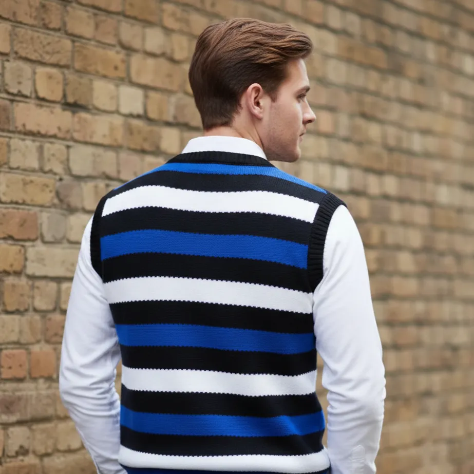 Blue, Black & White Retro Stripe Sweater Vest for Men - View 3 of 5 - Premium wool sweater