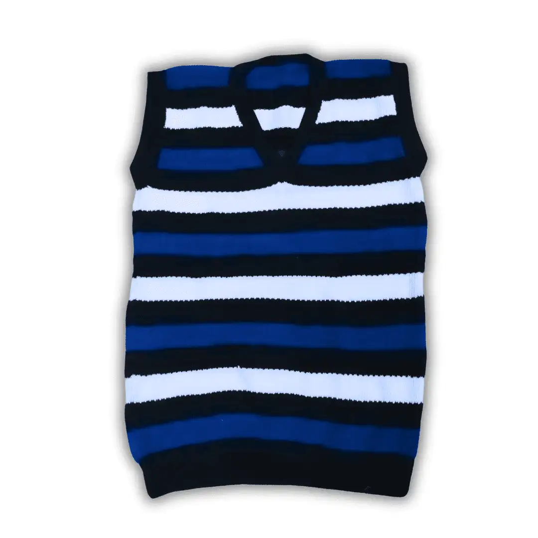 Blue, Black & White Retro Stripe Sweater Vest for Men - View 2 of 5 - Premium wool sweater