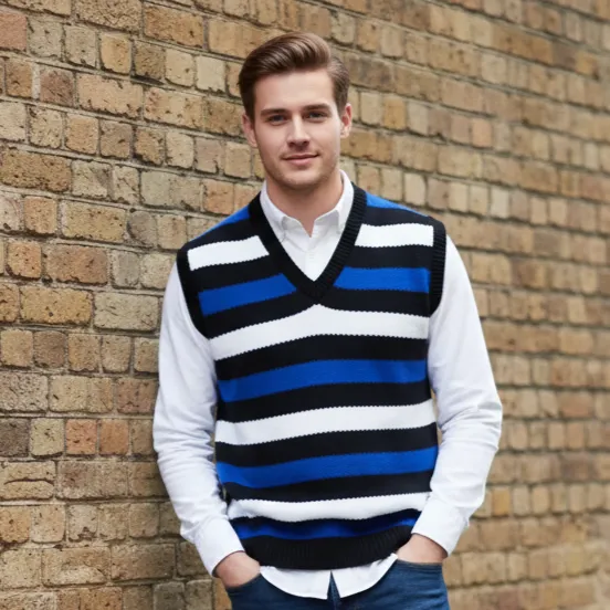 Blue, Black & White Retro Stripe Sweater Vest for Men - Premium wool sweater from Sonai Knitcraft. Buy winter sweaters online.