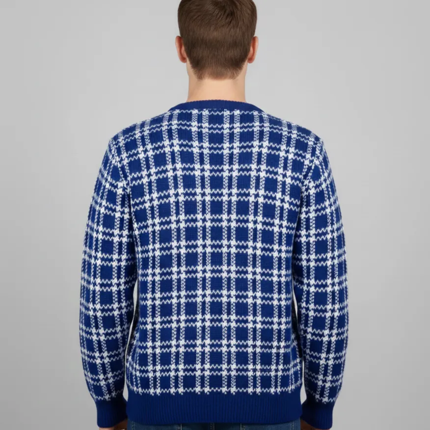Men's Blue & White Checkered Crew Neck Sweater - Classic Knitwear Jumper - View 3 of 5 - Premium wool sweater