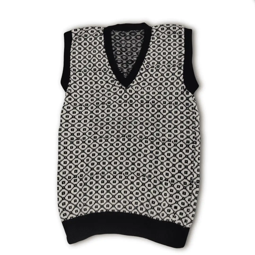 White Black Pattern Pullover V Neck Half Sleeve Cotton Wool Sweater for Men and Boys - View 2 of 5 - Premium wool sweater