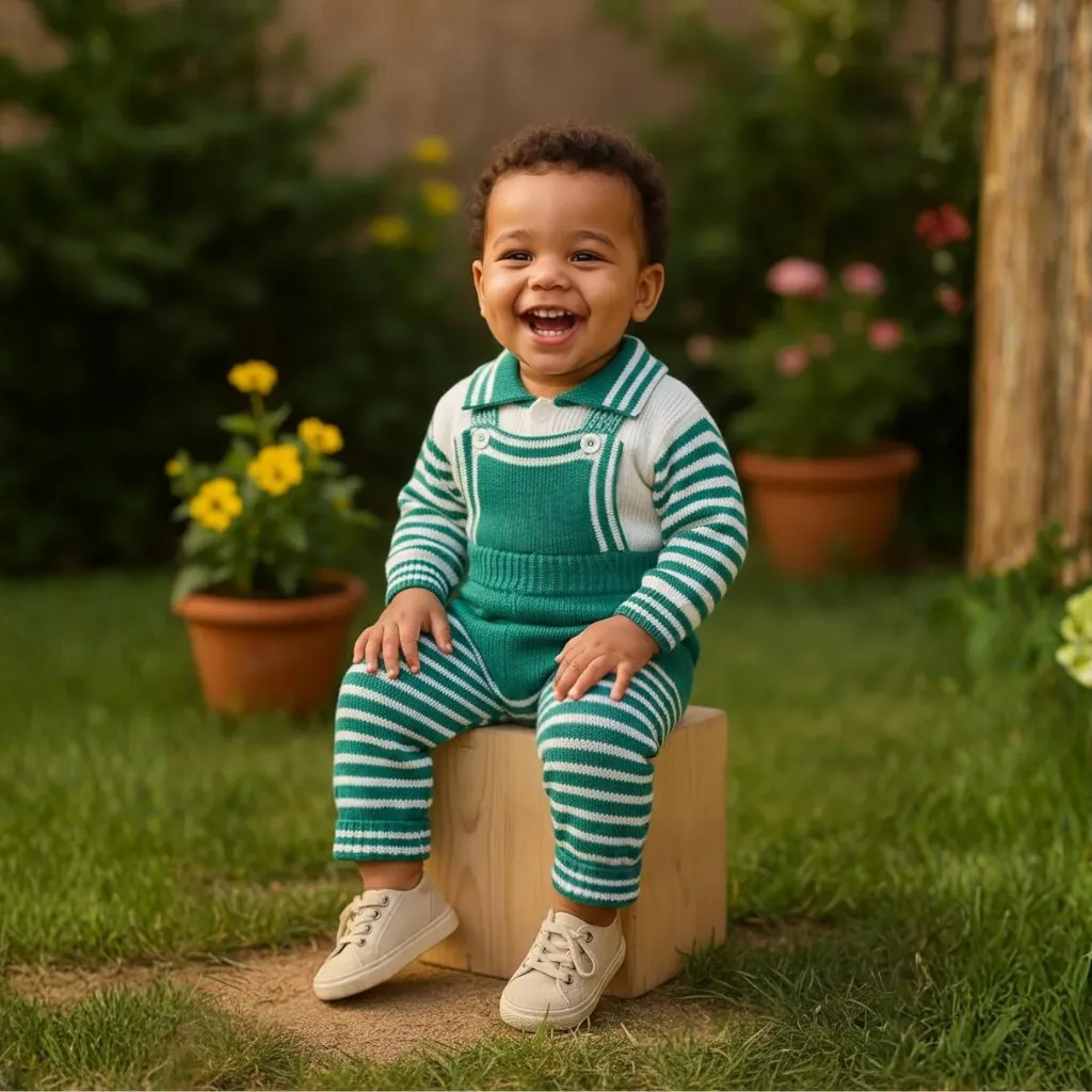 Unisex Toddler Woolen Dungaree Set | Stylish Green & White Knitted Winter Wear - View 7 of 8 - Premium wool sweater