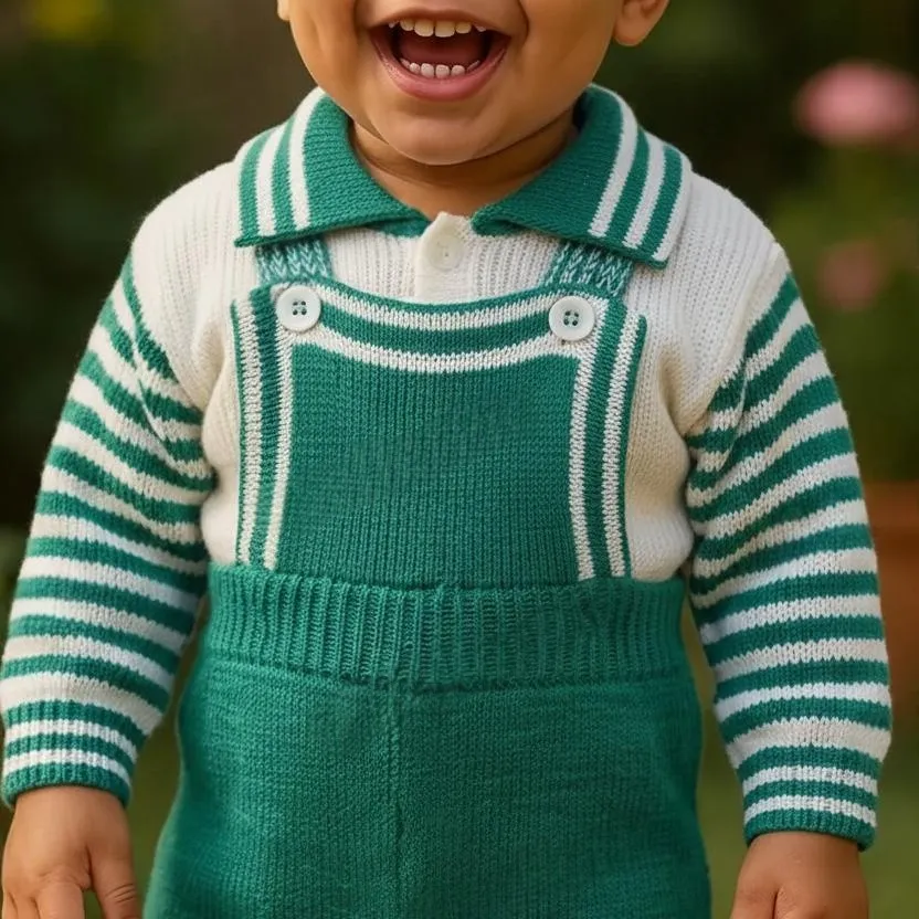 Unisex Toddler Woolen Dungaree Set | Stylish Green & White Knitted Winter Wear - View 3 of 8 - Premium wool sweater