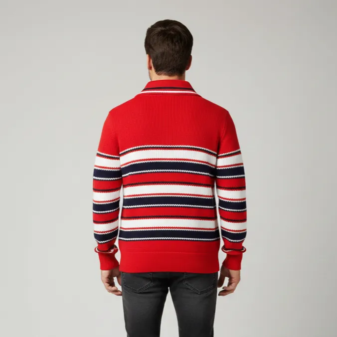Solid Red Horizontal Black White Spread Neck Pullover Full Sleeve Cotton T-Shirt Pattern Wool Sweater for Men - View 3 of 5 - Premium wool sweater