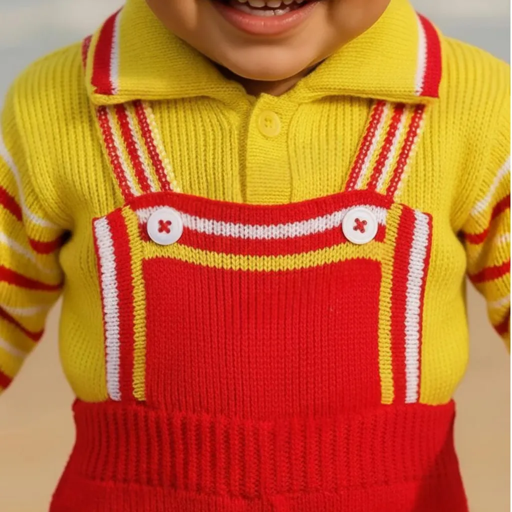 Unisex Toddler Woolen Dungaree Set | Warm Yellow & Red Knitted Winter Wear - View 3 of 6 - Premium wool sweater