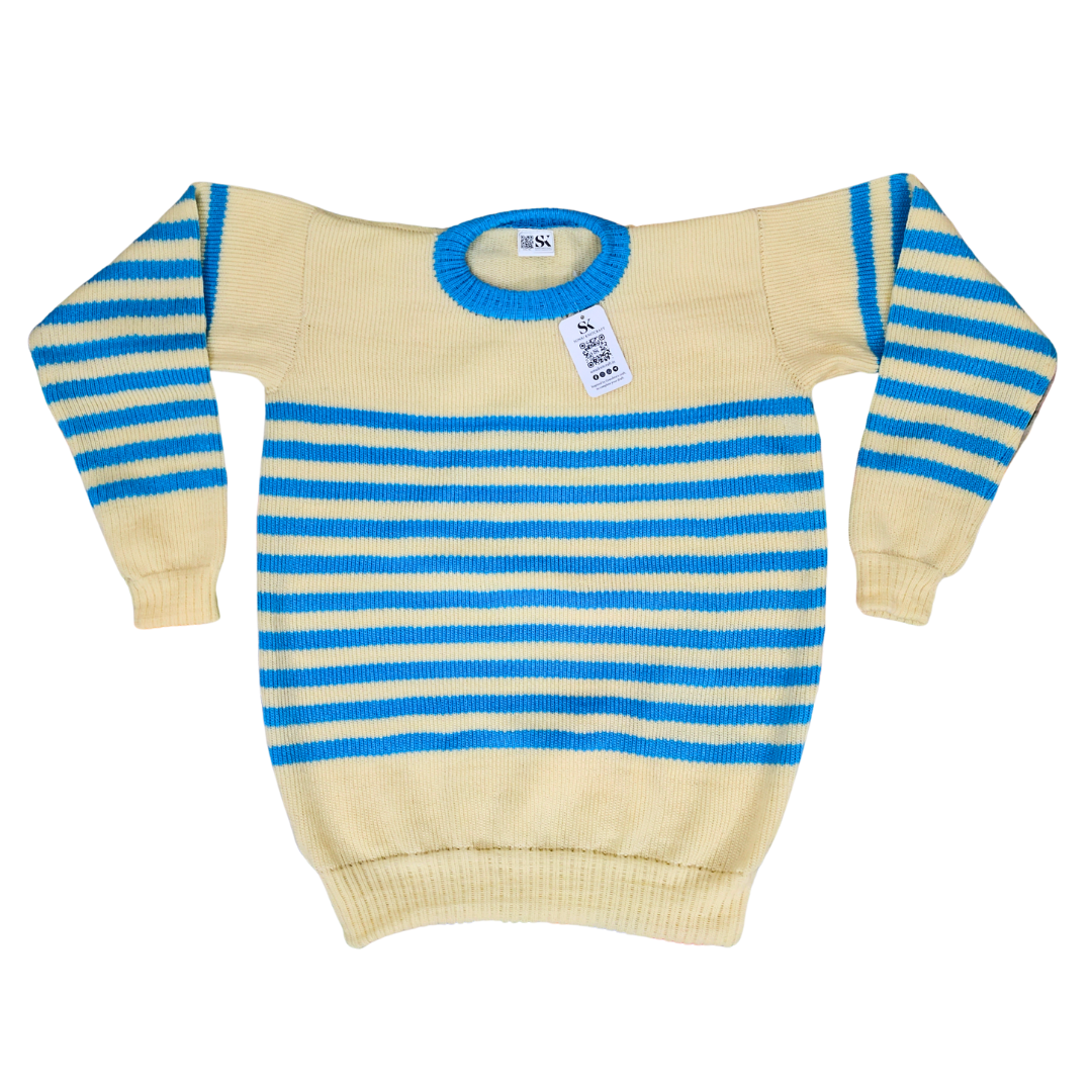 Cream Off white with Indigo sky blue Strips Sweater Men - View 2 of 8 - Premium wool sweater