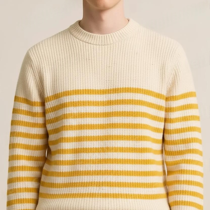 Cream Off White with Yellow Stripes Premium Sweater for Men - View 3 of 8 - Premium wool sweater