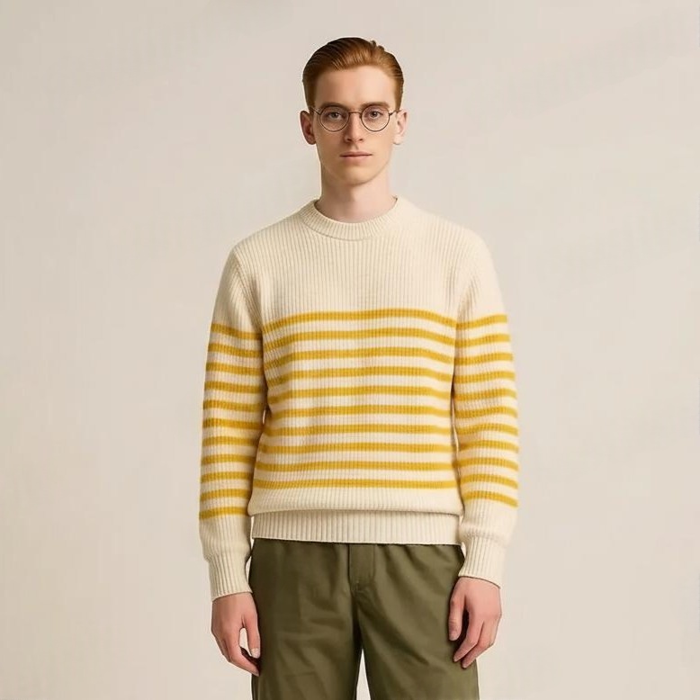 Cream Off White with Yellow Stripes Premium Sweater for Men