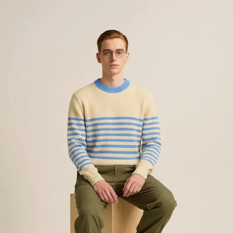 Cream Off white with Indigo sky blue Strips Sweater Men - View 5 of 8 - Premium wool sweater
