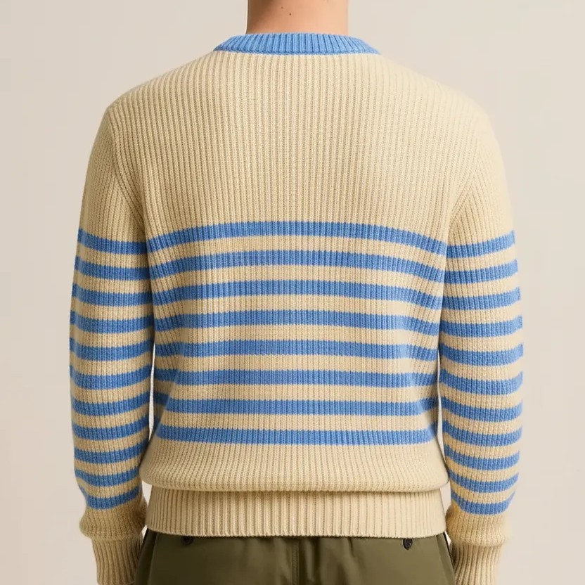 Cream Off white with Indigo sky blue Strips Sweater Men - View 3 of 8 - Premium wool sweater