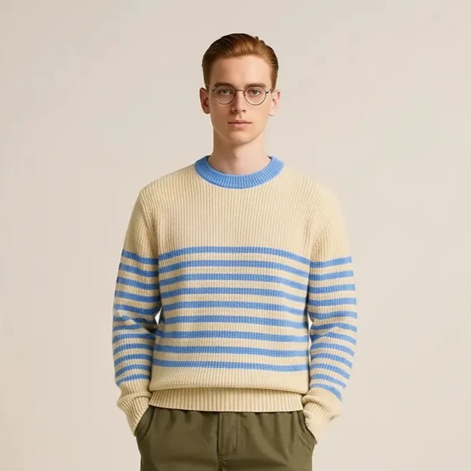 Cream Off white with Indigo sky blue Strips Sweater Men
