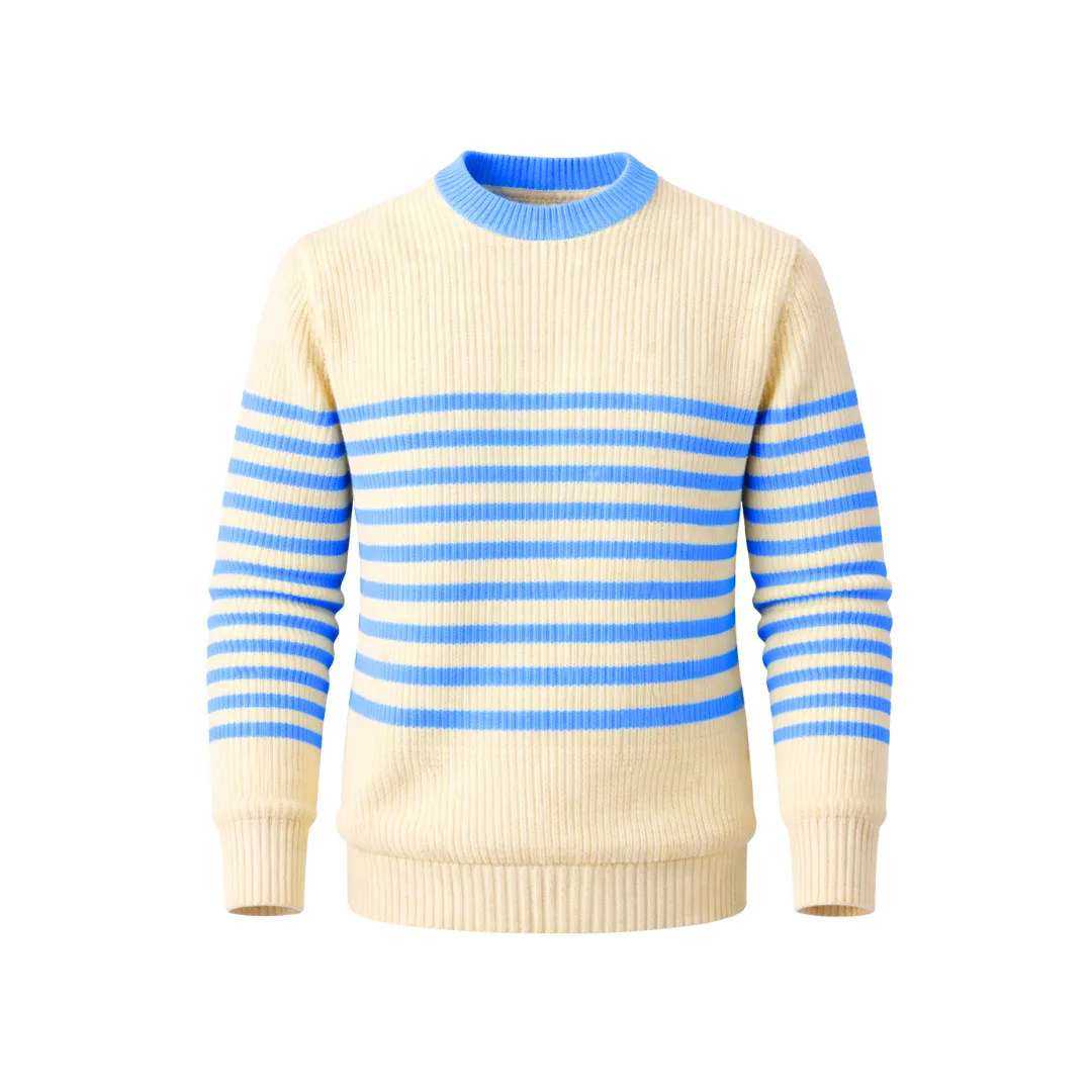 Cream Off white with Indigo sky blue Strips Sweater Men - View 8 of 8 - Premium wool sweater
