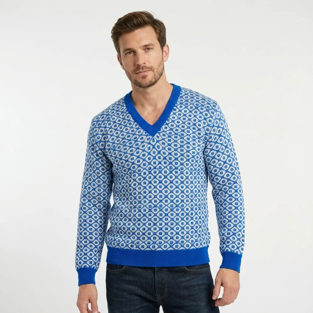 Deep Blue and White Colored Diagonal Square Pattern V Neck Pullover Full Sleeve Wool Sweater for Men