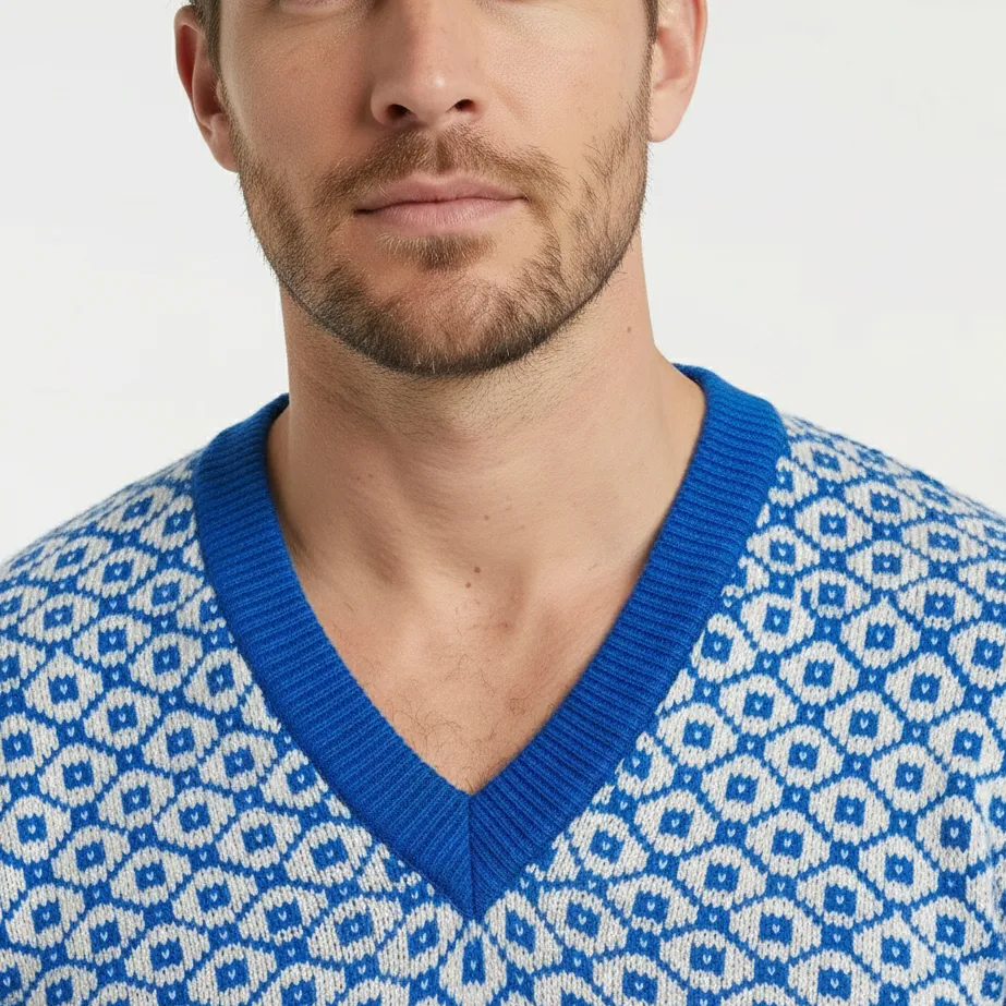 Deep Blue and White Colored Diagonal Square Pattern V Neck Pullover Full Sleeve Wool Sweater for Men - View 3 of 7 - Premium wool sweater