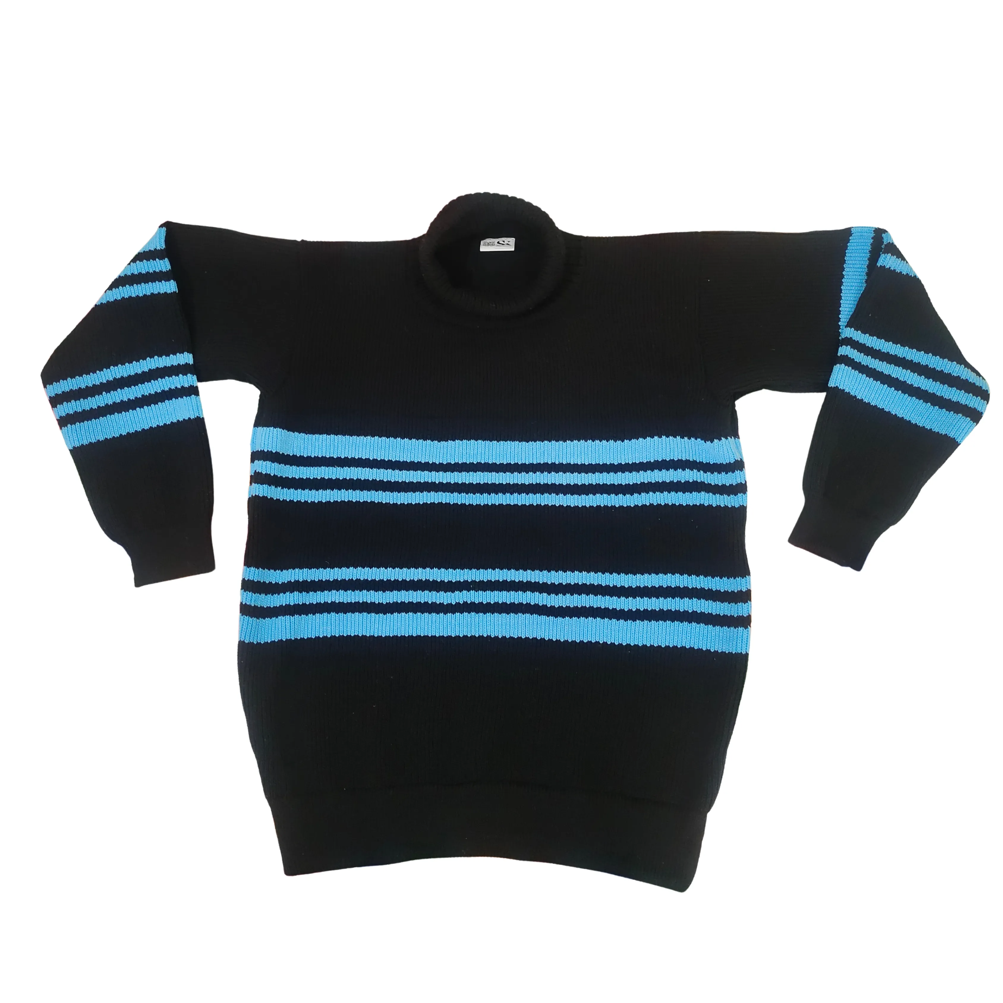 Solid Black Horizontal Indigo Blue Pattern Turtle Neck Pullover Full Sleeve Cotton Wool Sweater for Men - View 3 of 6 - Premium wool sweater