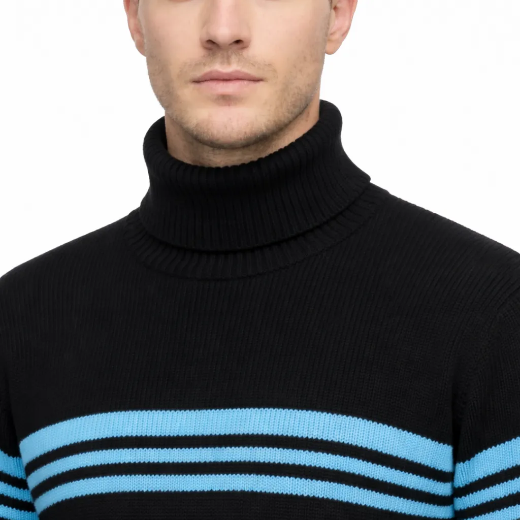 Solid Black Horizontal Indigo Blue Pattern Turtle Neck Pullover Full Sleeve Cotton Wool Sweater for Men - View 4 of 6 - Premium wool sweater