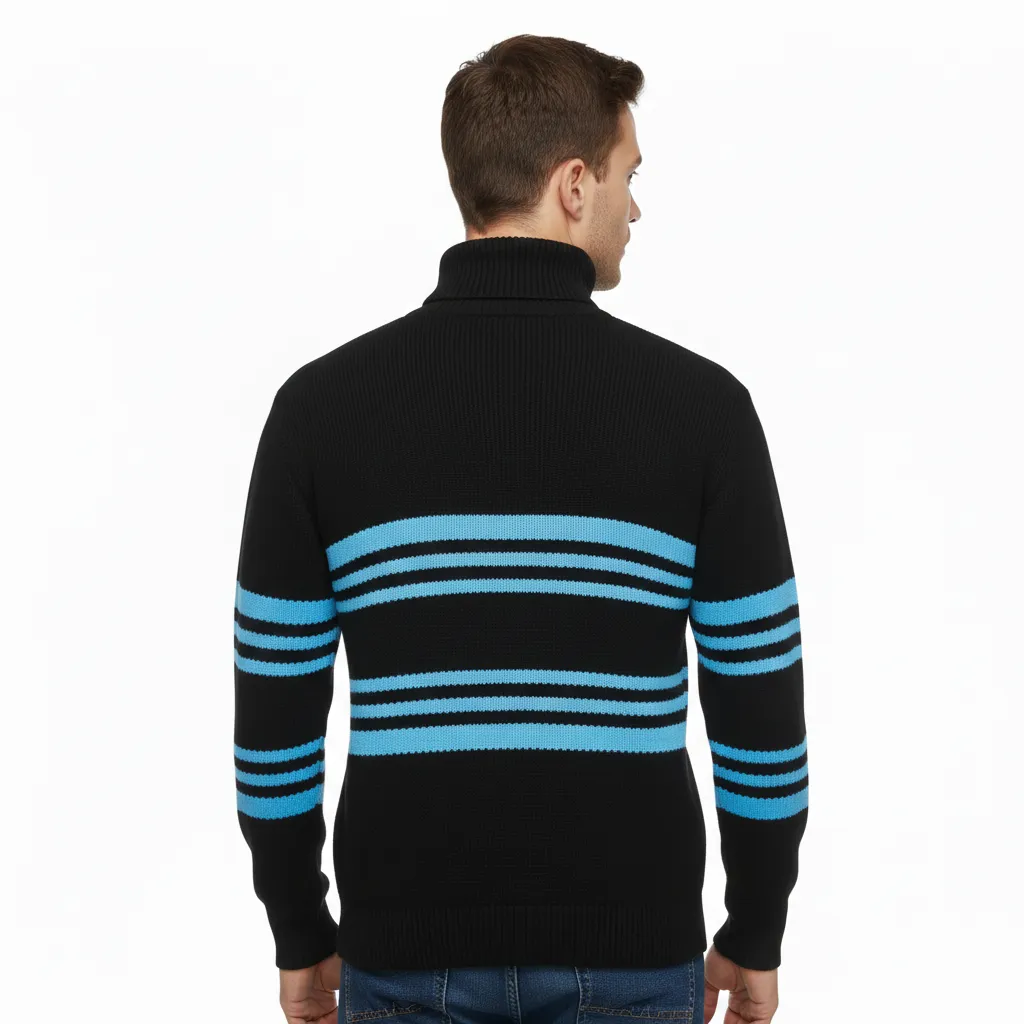 Solid Black Horizontal Indigo Blue Pattern Turtle Neck Pullover Full Sleeve Cotton Wool Sweater for Men - View 6 of 6 - Premium wool sweater