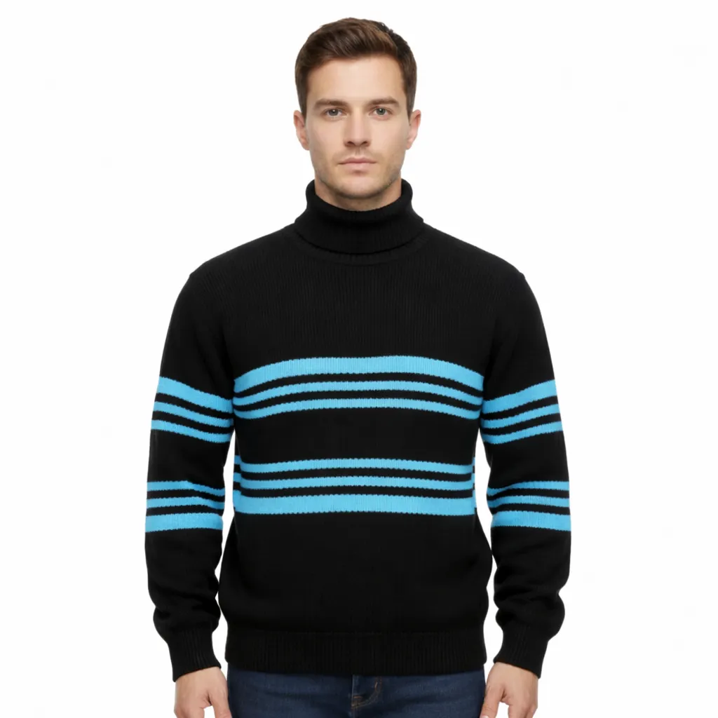 Solid Black Horizontal Indigo Blue Pattern Turtle Neck Pullover Full Sleeve Cotton Wool Sweater for Men