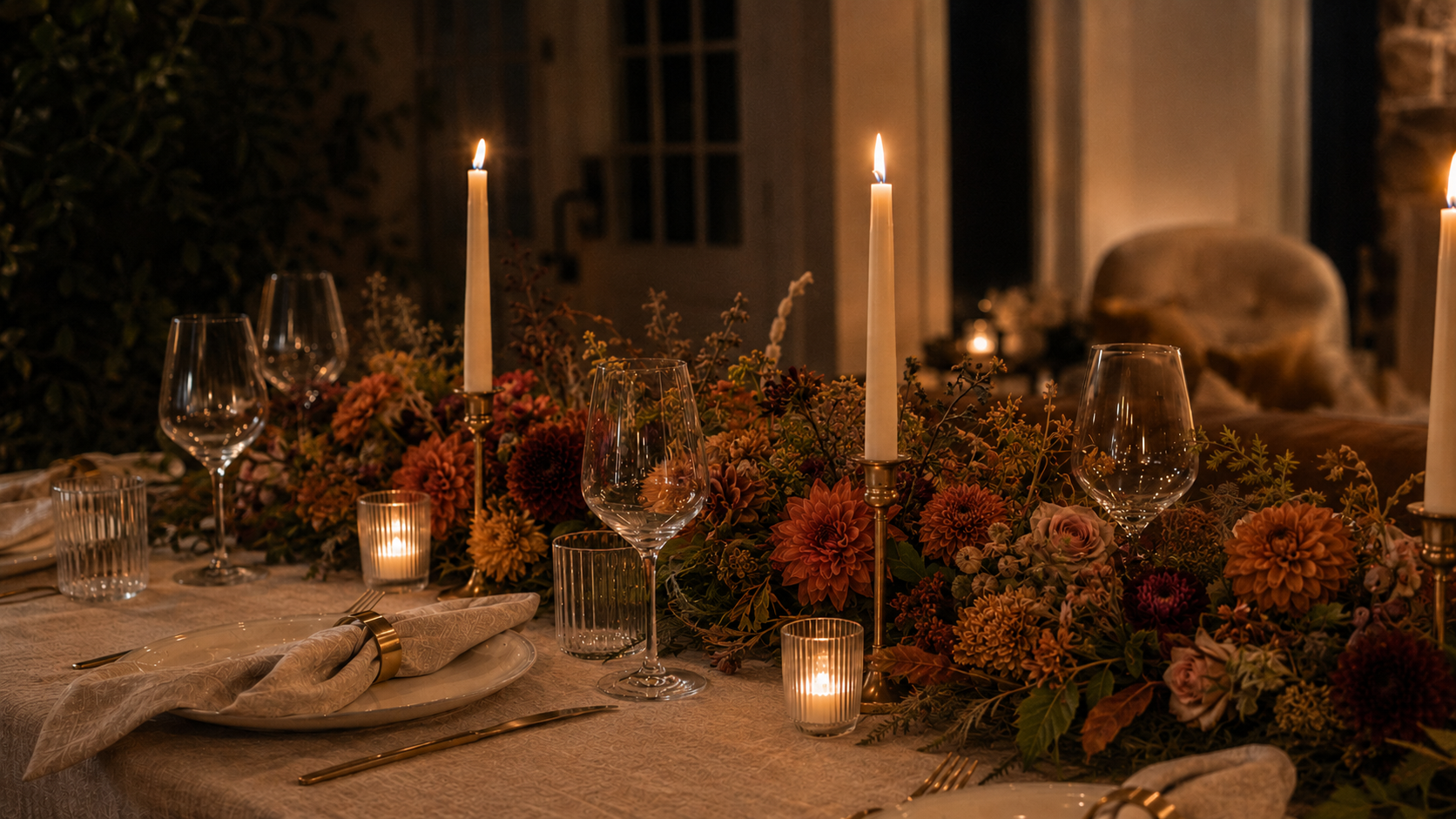 Fall tablescape at dusk with candles and a floral centerpiece